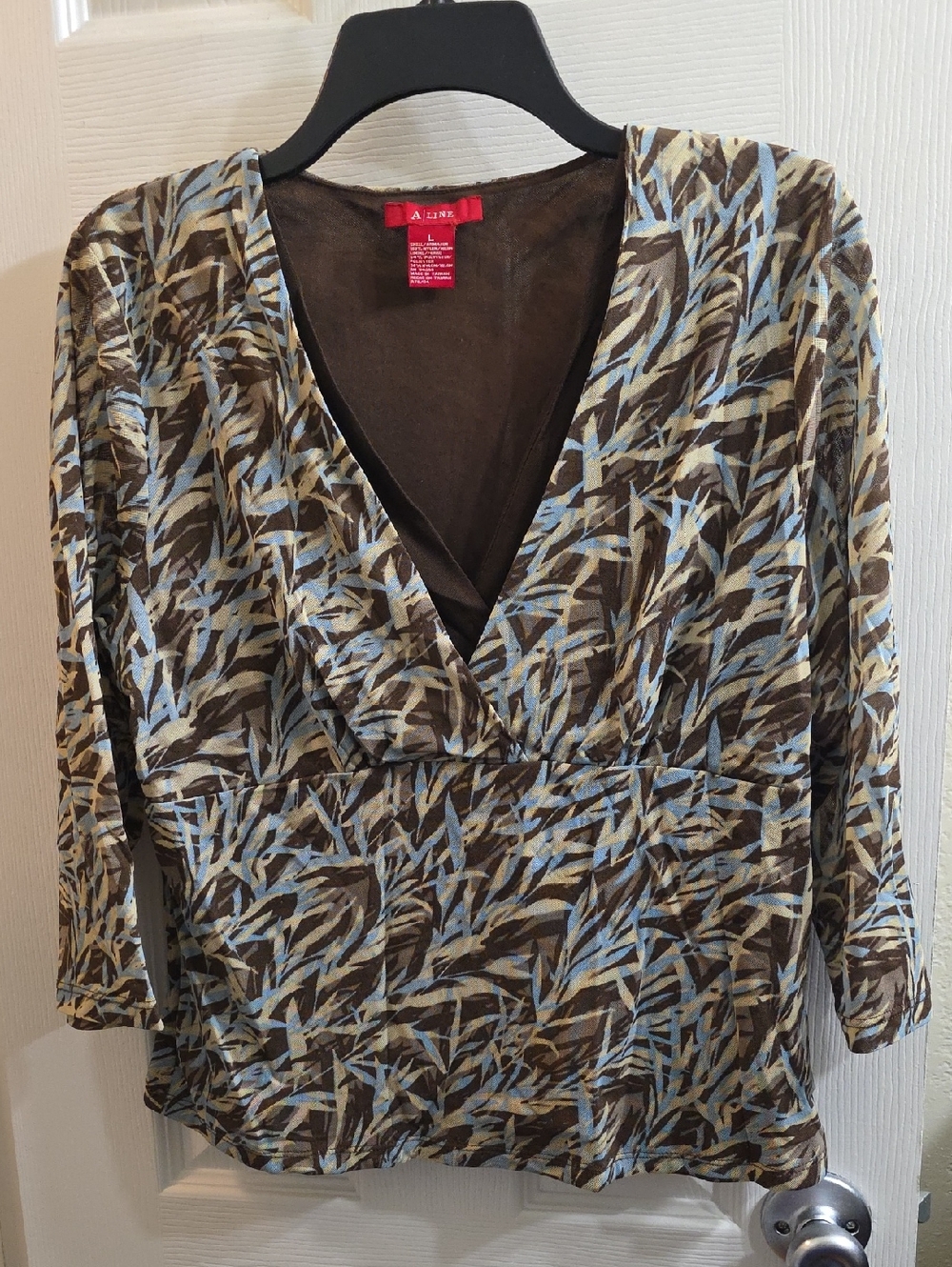 Wrap V-Neck Blouse in Brown and Light Blue by A. Line Size L